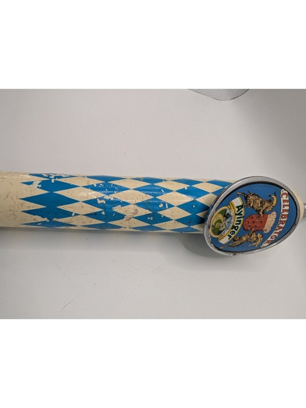Ayinger Celebrator Dopplebock Beer Tap Handle Bavarian Blue White Wood - Picture 3 of 7